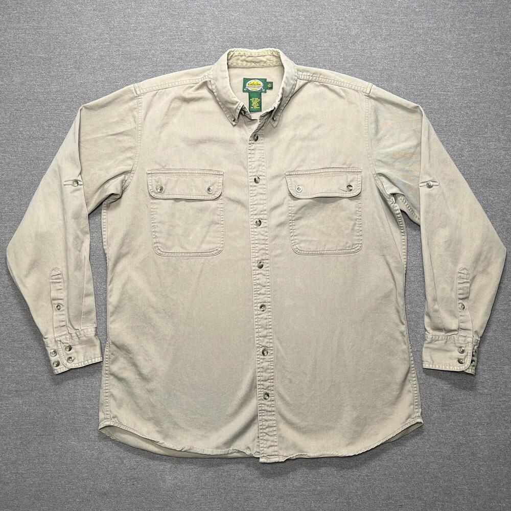 Vintage Cabela's Shirt Mens LT Beige Twill Button Up Workwear Outdoor Hiking